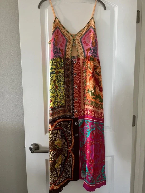 🩷💫FARM RIO DRESS💚✨🩵 Multicolor Patchwork Midi Dress with Spaghetti Straps💛 - Picture 4 of 12